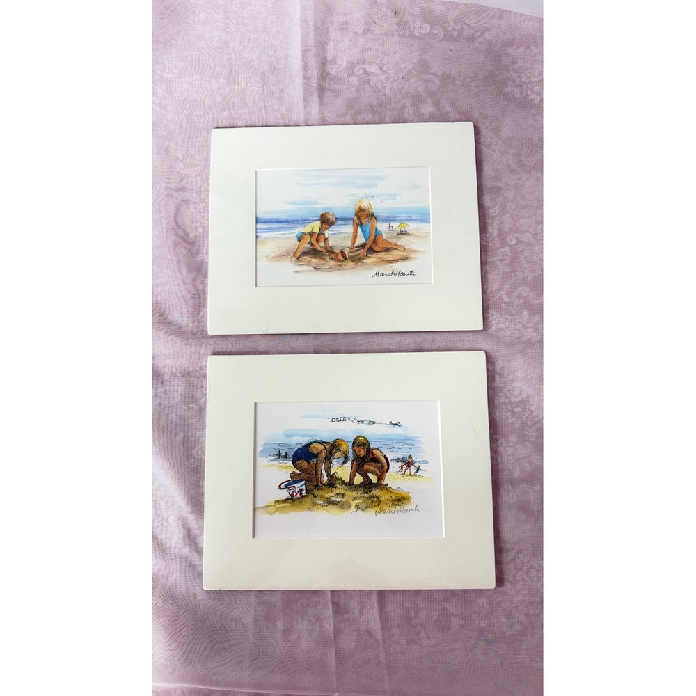 Maret Maiste Ocean City MD Beach Watercolor Prints Set of 2 Matted Signed Art